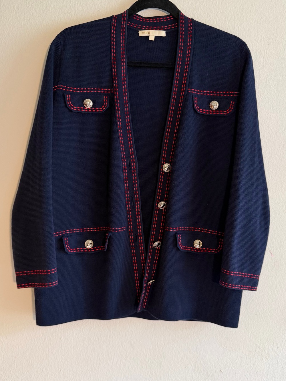 Maje Navy Knit Cardigan Contrast Red Stitch Silver Buttons Marine Size 1/S